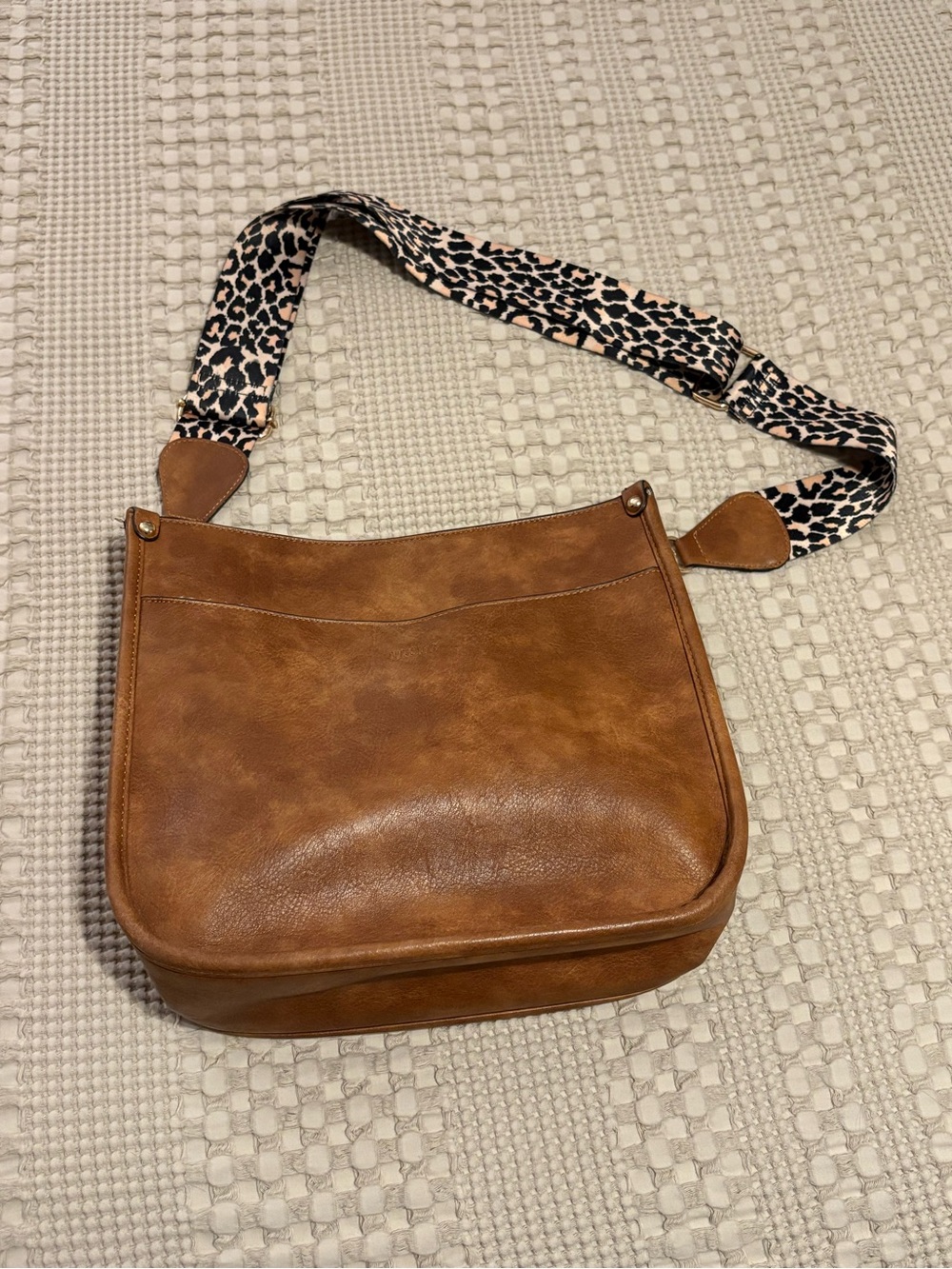 Women's Tan Crossbody Bag with Leopard Strap